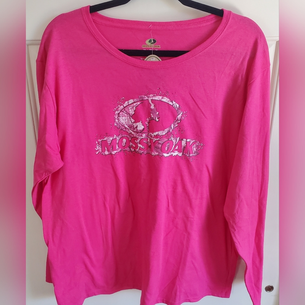 MOSSY OAK LOGO CAMO Pink Ladies Long Sleeve Cotton T-Shirt Hunting 2XL NEW